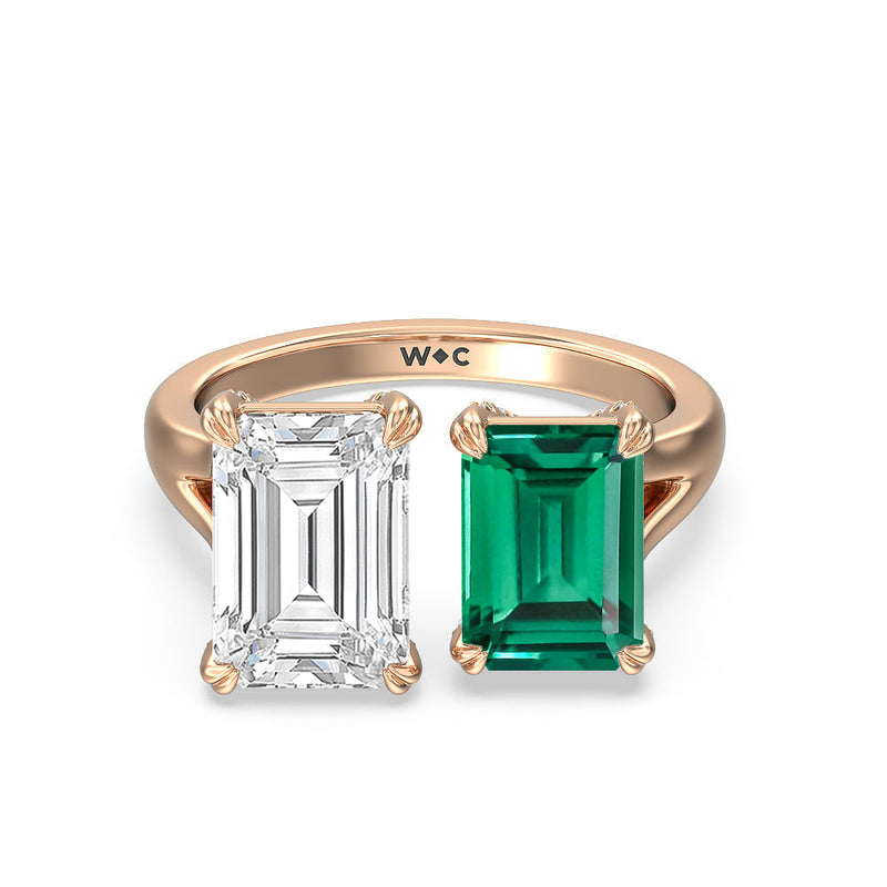 Toi et Moi Created Emerald and Emerald Shape Diamond Studded Basket Engagement Ring