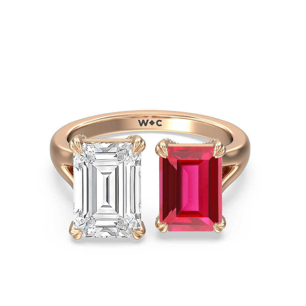 Toi et Moi Created Ruby and Emerald Diamond Studded Basket Engagement Ring with 14KT Rose Gold Cut Diamond in 14KT Rose Gold view 1
