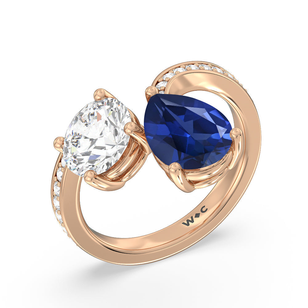Toi et Moi Created Sapphire pear and round Diamond Engagement Ring with 14KT Rose Gold Cut Diamond in 14KT Rose Gold view 2
