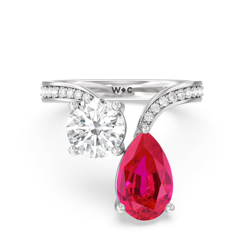 Toi et Moi Created Ruby pear and round Diamond Engagement Ring