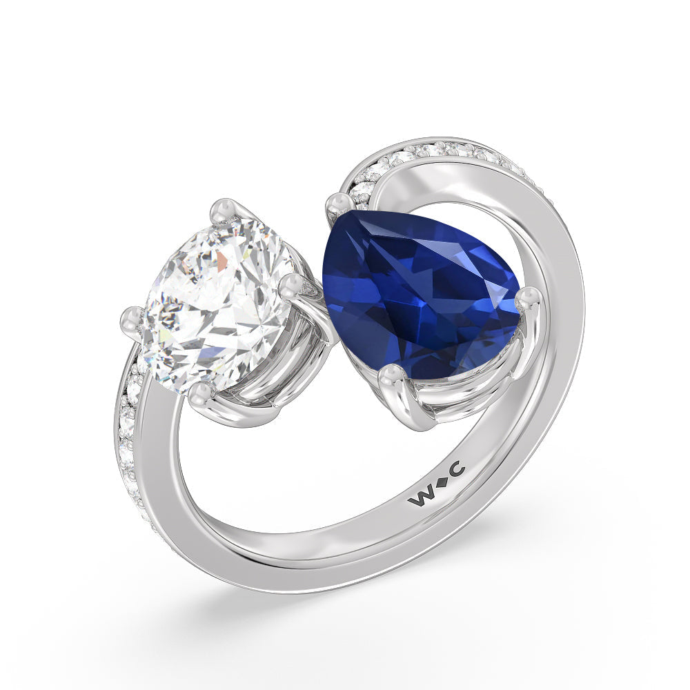 Toi et Moi Created Sapphire pear and round Diamond Engagement Ring with 14KT White Gold Cut Diamond in 14KT White Gold view 2

