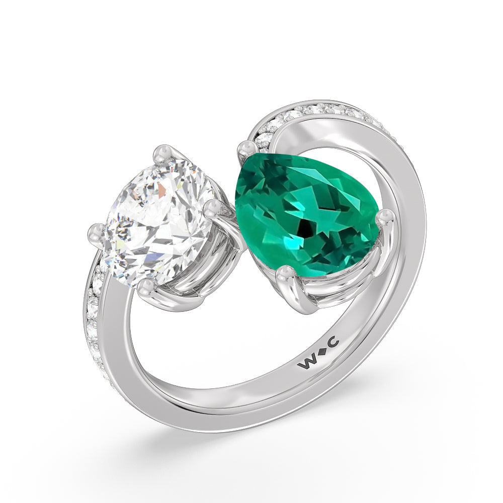Toi et Moi Created Emerald pear and round Diamond Engagement Ring with 14KT White Gold Cut Diamond in 14KT White Gold view 2
