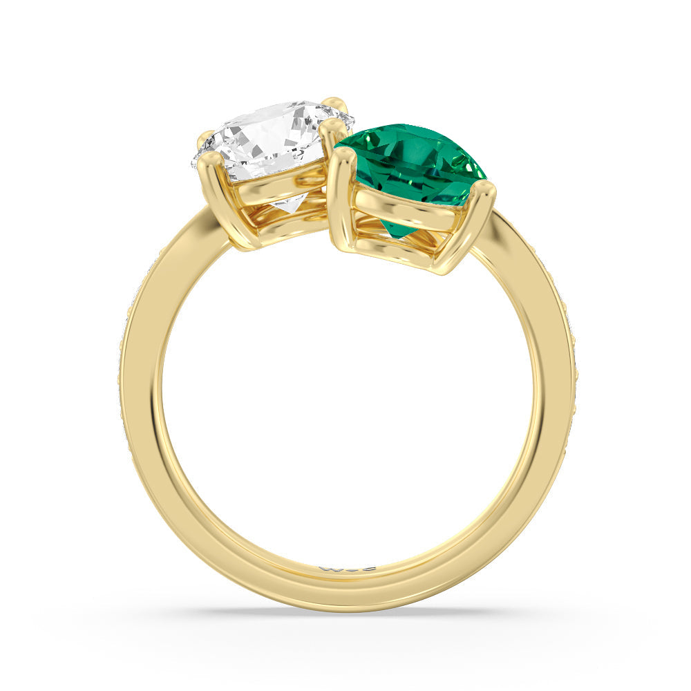 Toi et Moi Created Emerald pear and round Diamond Engagement Ring with 14KT Yellow Gold Cut Diamond in 14KT Yellow Gold view 3
