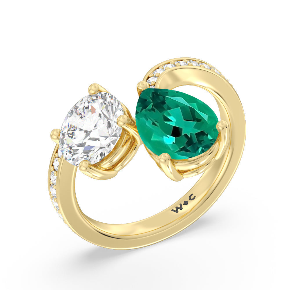 Toi et Moi Created Emerald pear and round Diamond Engagement Ring with 14KT Yellow Gold Cut Diamond in 14KT Yellow Gold view 2
