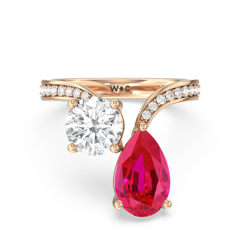 Toi et Moi Created Ruby pear and round Diamond Engagement Ring