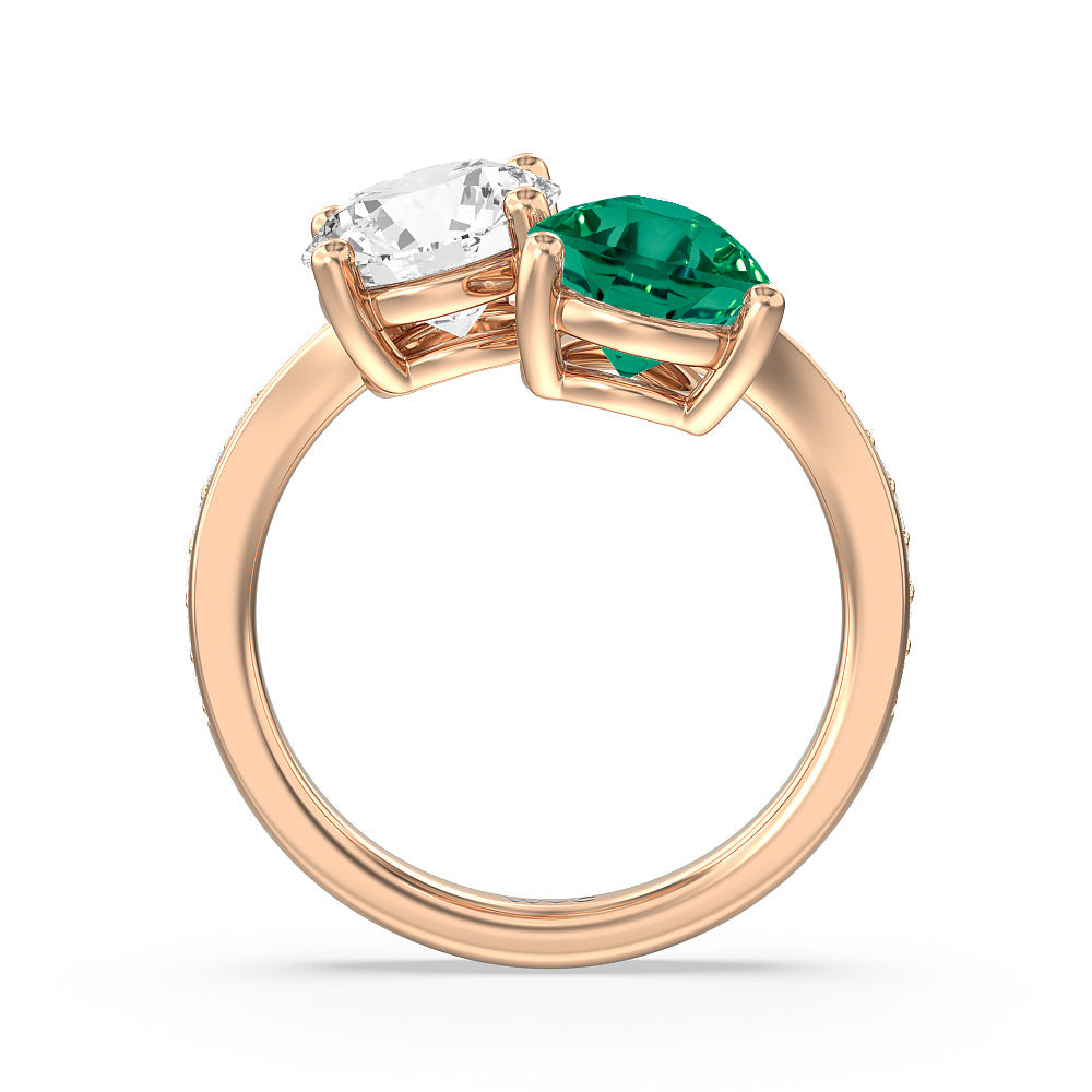 Toi et Moi Created Emerald pear and round Diamond Engagement Ring with 14KT Rose Gold Cut Diamond in 14KT Rose Gold view 3
