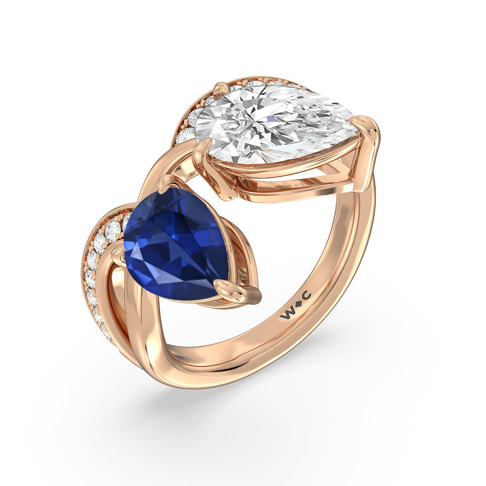 Toi et Moi Created Sapphire and Lab Diamond Studded Pave Diamond Ring with 14KT Rose Gold Cut Diamond in 14KT Rose Gold view 2
