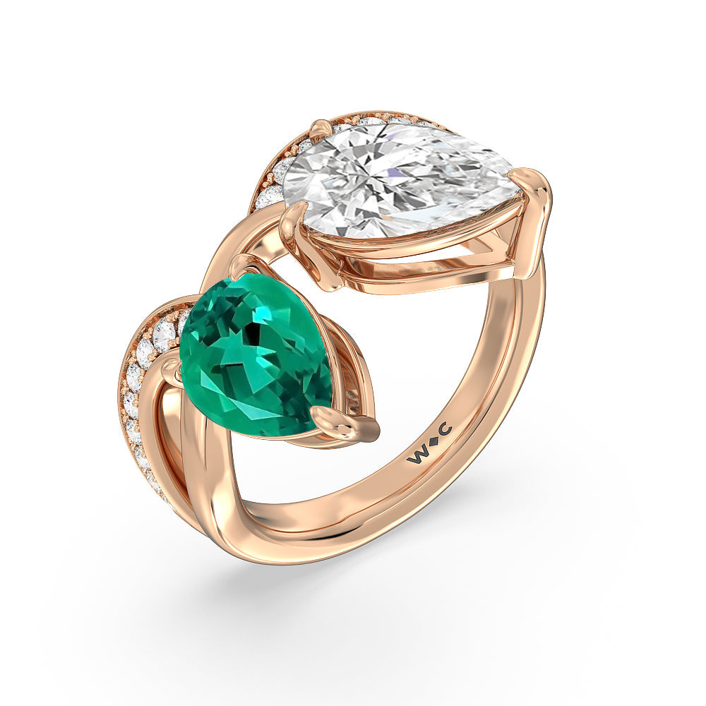 Toi et Moi Created Emerald and Lab Diamond Studded Pave Diamond Ring with 14KT Rose Gold Cut Diamond in 14KT Rose Gold view 2
