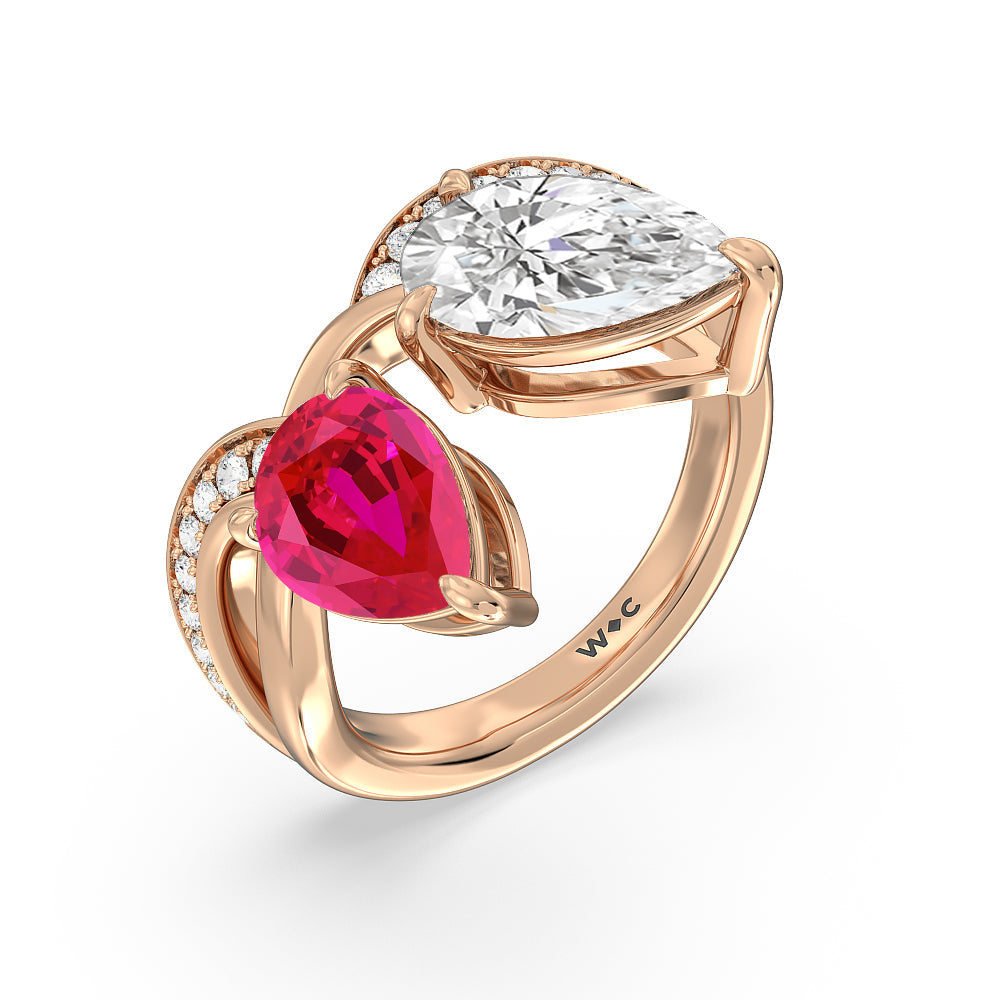 Toi et Moi Created Ruby and Lab Diamond Studded Pave Diamond Ring with 14KT Rose Gold Cut Diamond in 14KT Rose Gold view 2
