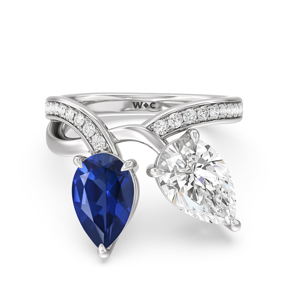 Toi et Moi Created Sapphire and Lab Diamond Studded Pave Diamond Ring with 14KT White Gold Cut Diamond in 14KT White Gold view 1
