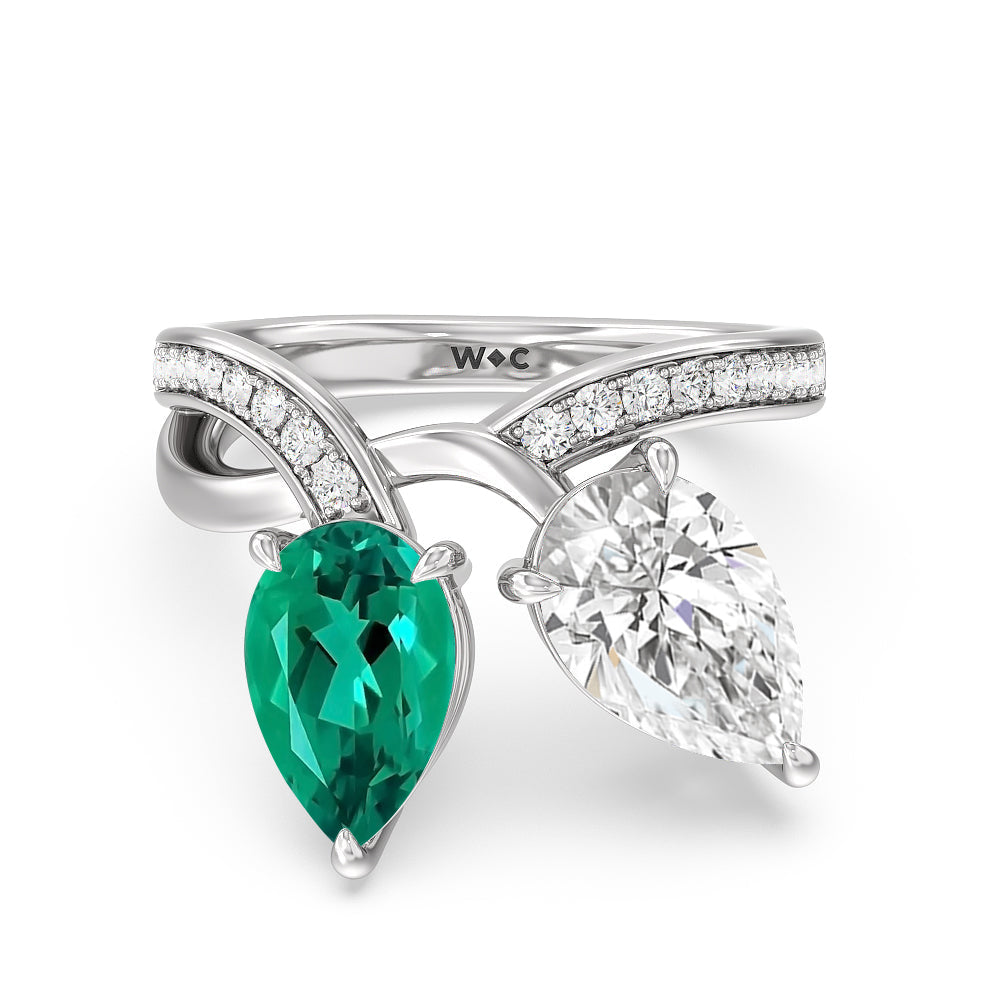 Toi et Moi Created Emerald and Lab Diamond Studded Pave Diamond Ring with 14KT White Gold Cut Diamond in 14KT White Gold view 1
