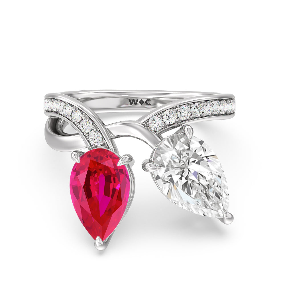 Toi et Moi Created Ruby and Lab Diamond Studded Pave Diamond Ring with 14KT White Gold Cut Diamond in 14KT White Gold view 1
