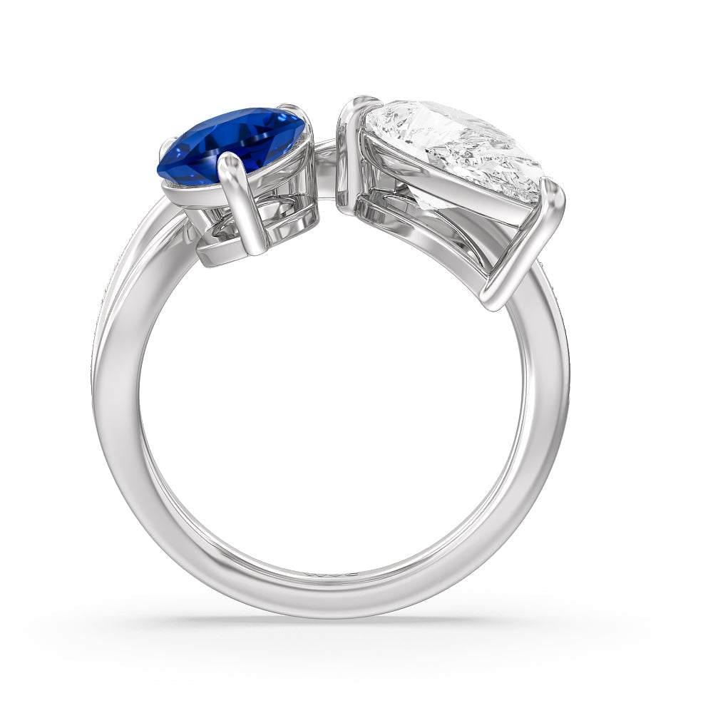 Toi et Moi Created Sapphire and Lab Diamond Studded Pave Diamond Ring with 14KT White Gold Cut Diamond in 14KT White Gold view 3
