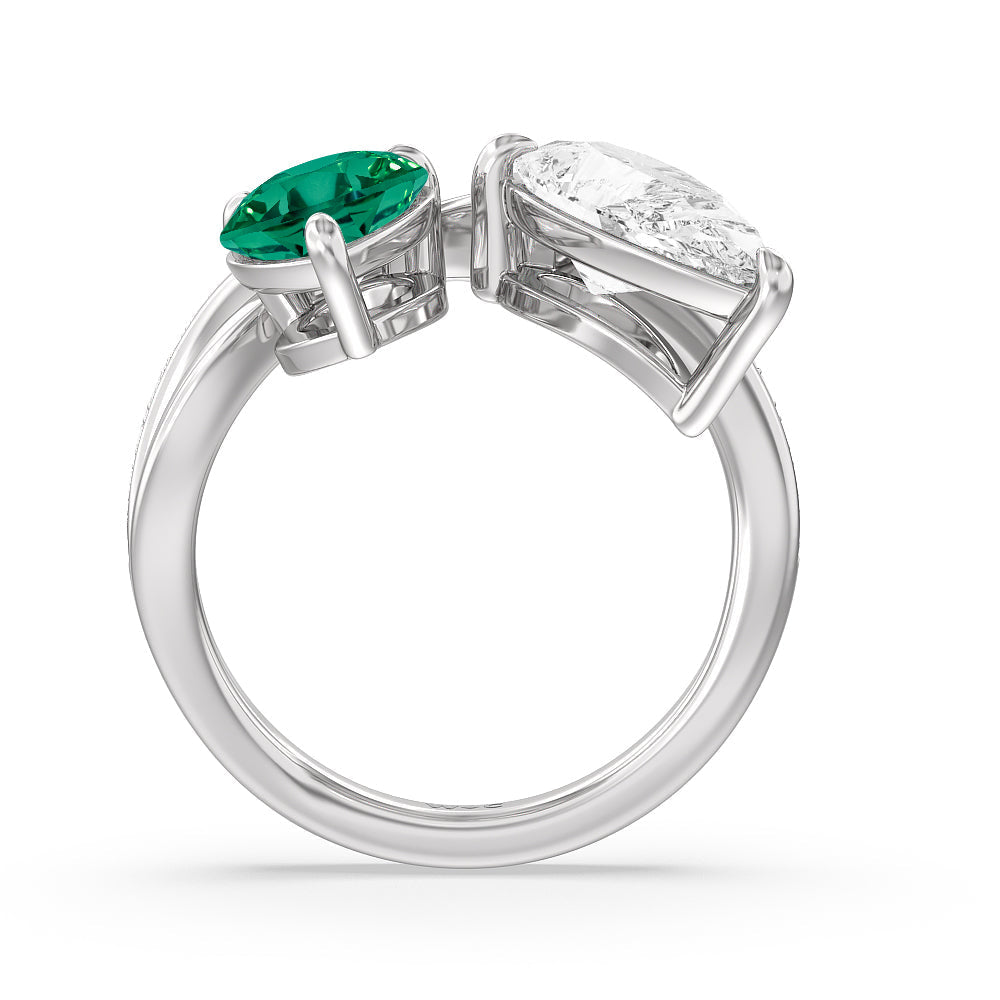 Toi et Moi Created Emerald and Lab Diamond Studded Pave Diamond Ring with 14KT White Gold Cut Diamond in 14KT White Gold view 3
