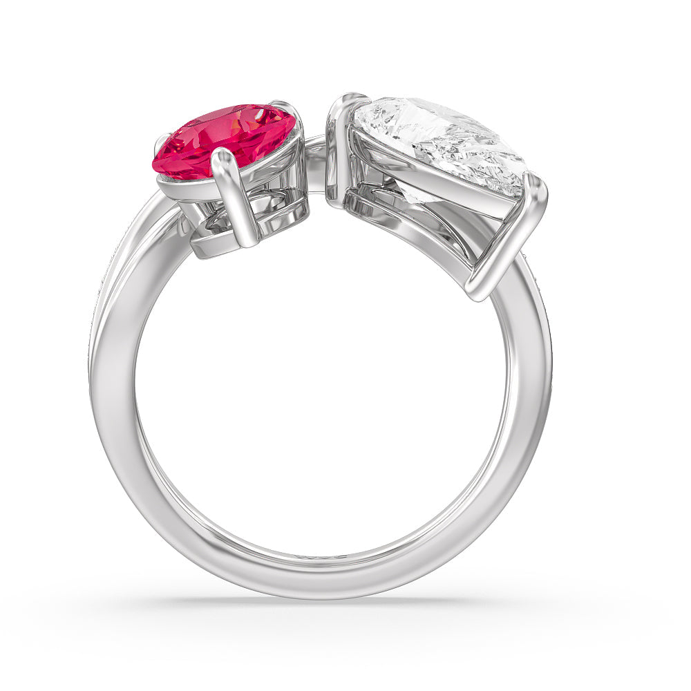 Toi et Moi Created Ruby and Lab Diamond Studded Pave Diamond Ring with 14KT White Gold Cut Diamond in 14KT White Gold view 3
