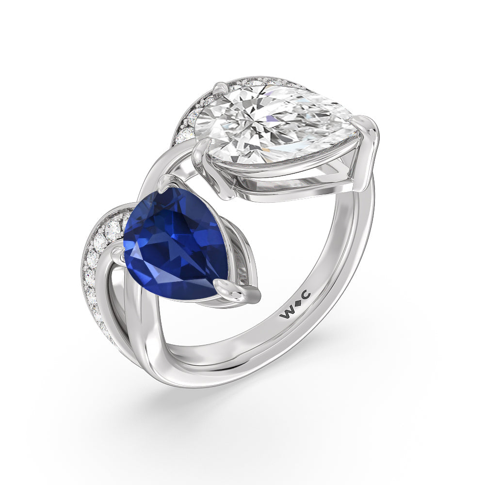 Toi et Moi Created Sapphire and Lab Diamond Studded Pave Diamond Ring with 14KT White Gold Cut Diamond in 14KT White Gold view 2
