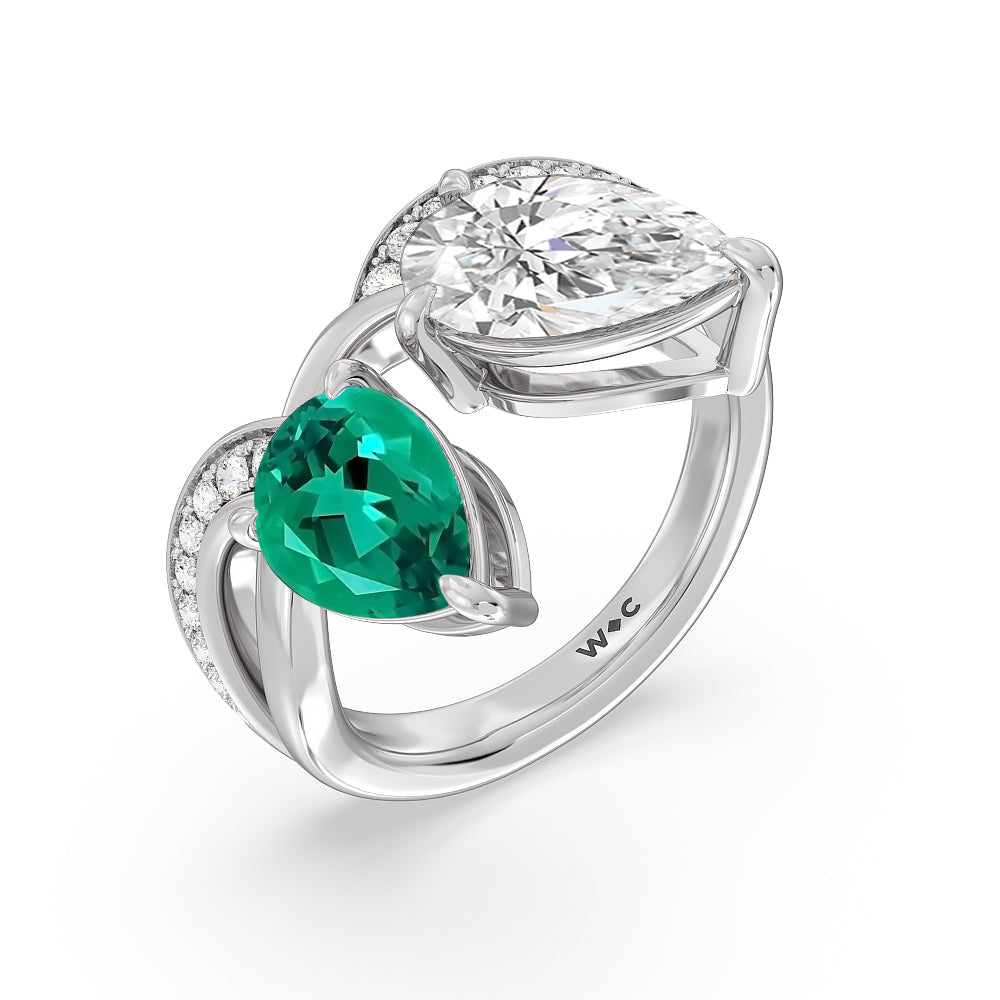 Toi et Moi Created Emerald and Lab Diamond Studded Pave Diamond Ring with 14KT White Gold Cut Diamond in 14KT White Gold view 2
