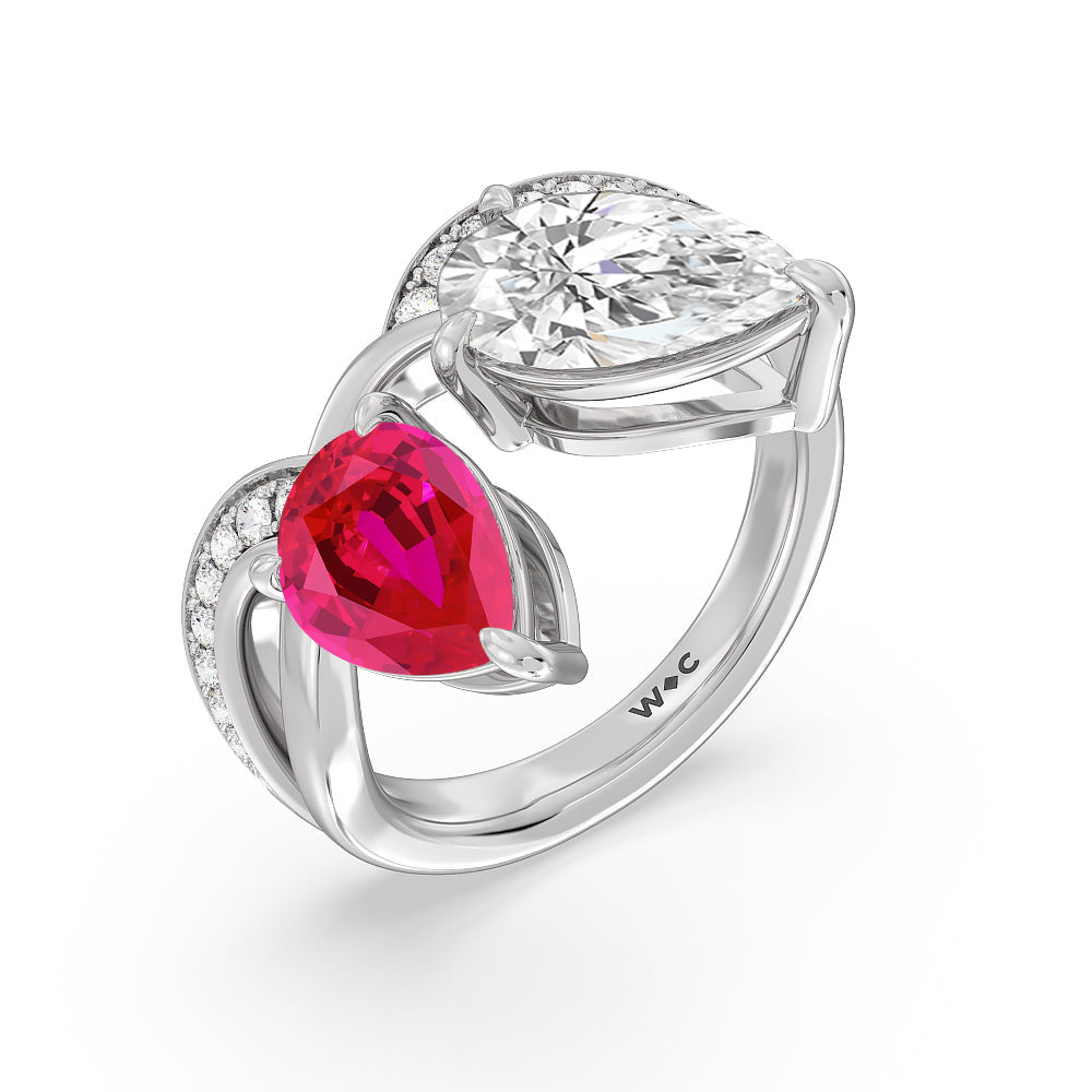 Toi et Moi Created Ruby and Lab Diamond Studded Pave Diamond Ring with 14KT White Gold Cut Diamond in 14KT White Gold view 2
