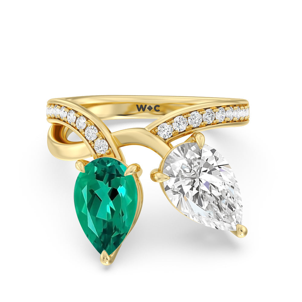 Toi et Moi Created Emerald and Lab Diamond Studded Pave Diamond Ring with 14KT Yellow Gold Cut Diamond in 14KT Yellow Gold view 1
