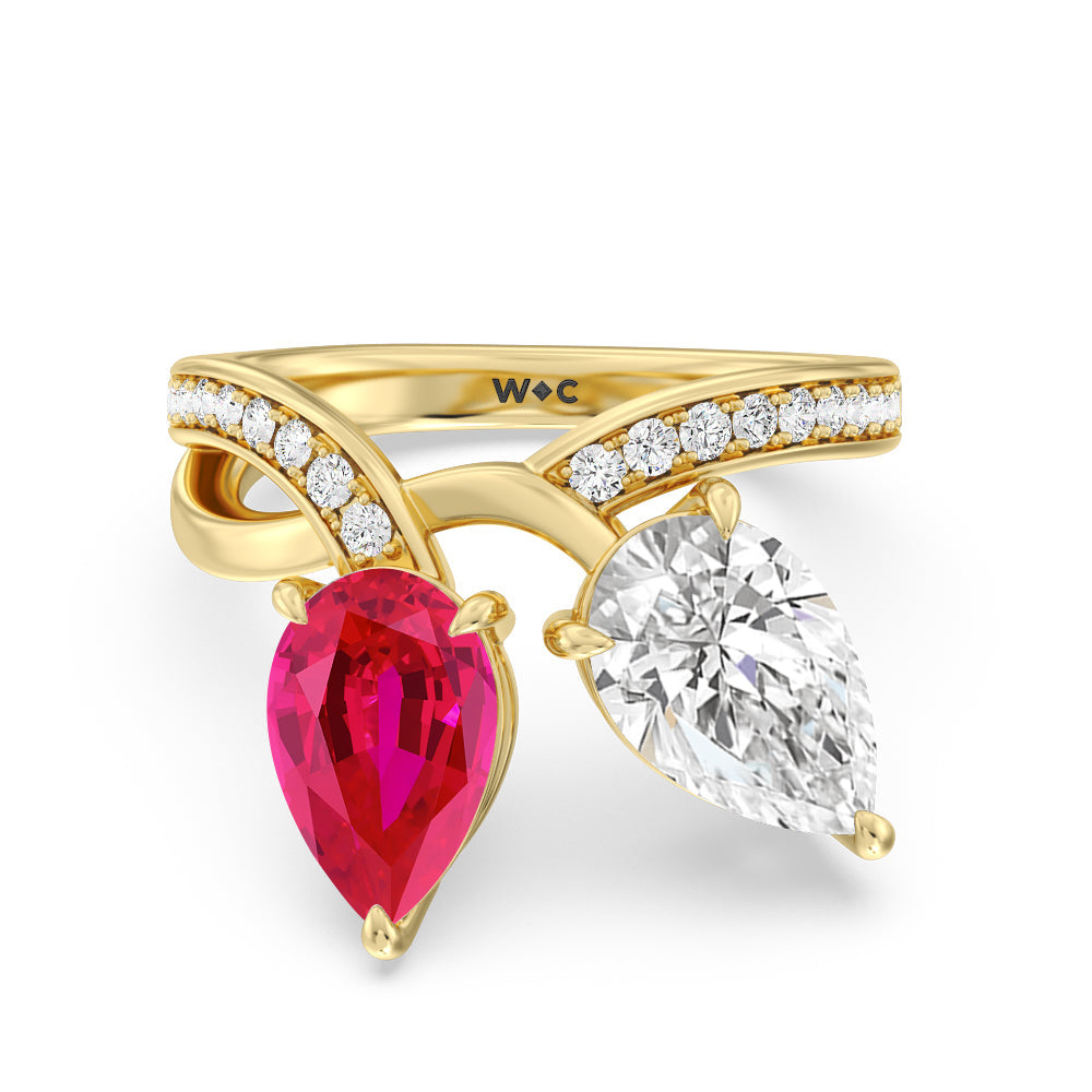 Toi et Moi Created Ruby and Lab Diamond Studded Pave Diamond Ring with 14KT Yellow Gold Cut Diamond in 14KT Yellow Gold view 1
