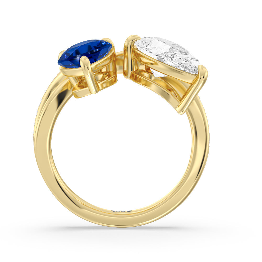 Toi et Moi Created Sapphire and Lab Diamond Studded Pave Diamond Ring with 14KT Yellow Gold Cut Diamond in 14KT Yellow Gold view 3
