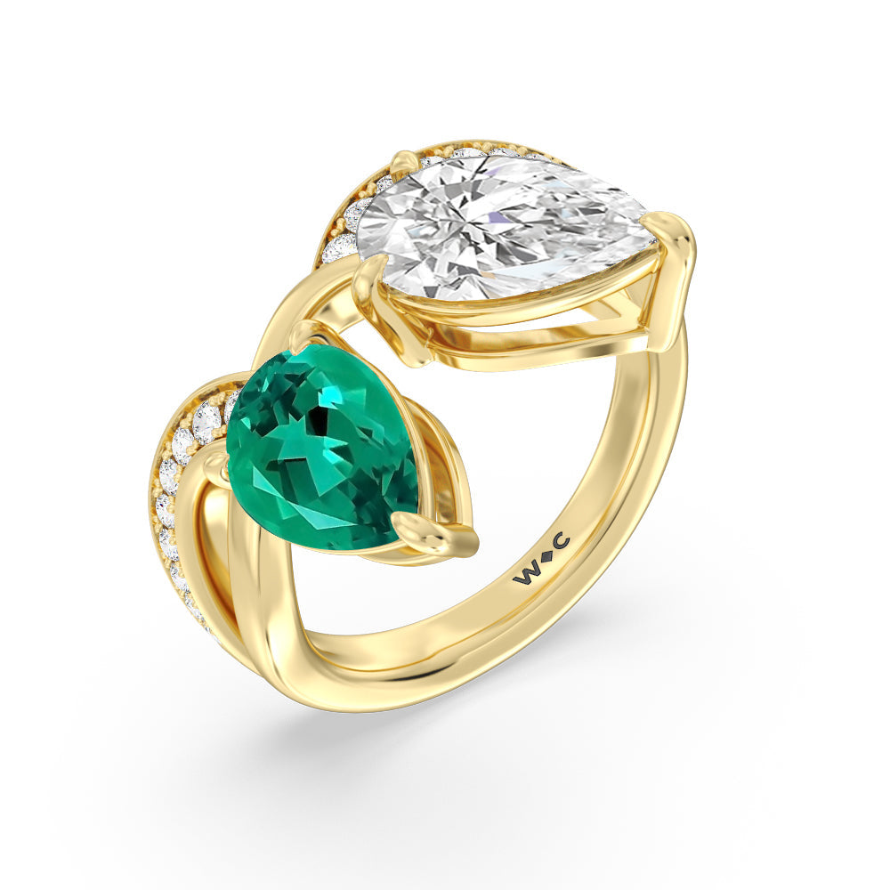 Toi et Moi Created Emerald and Lab Diamond Studded Pave Diamond Ring with 14KT Yellow Gold Cut Diamond in 14KT Yellow Gold view 2
