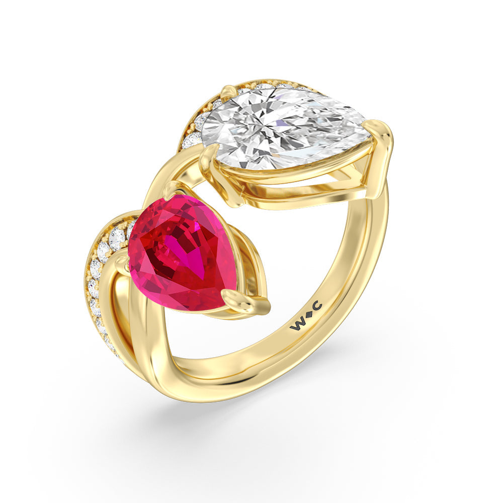 Toi et Moi Created Ruby and Lab Diamond Studded Pave Diamond Ring with 14KT Yellow Gold Cut Diamond in 14KT Yellow Gold view 2
