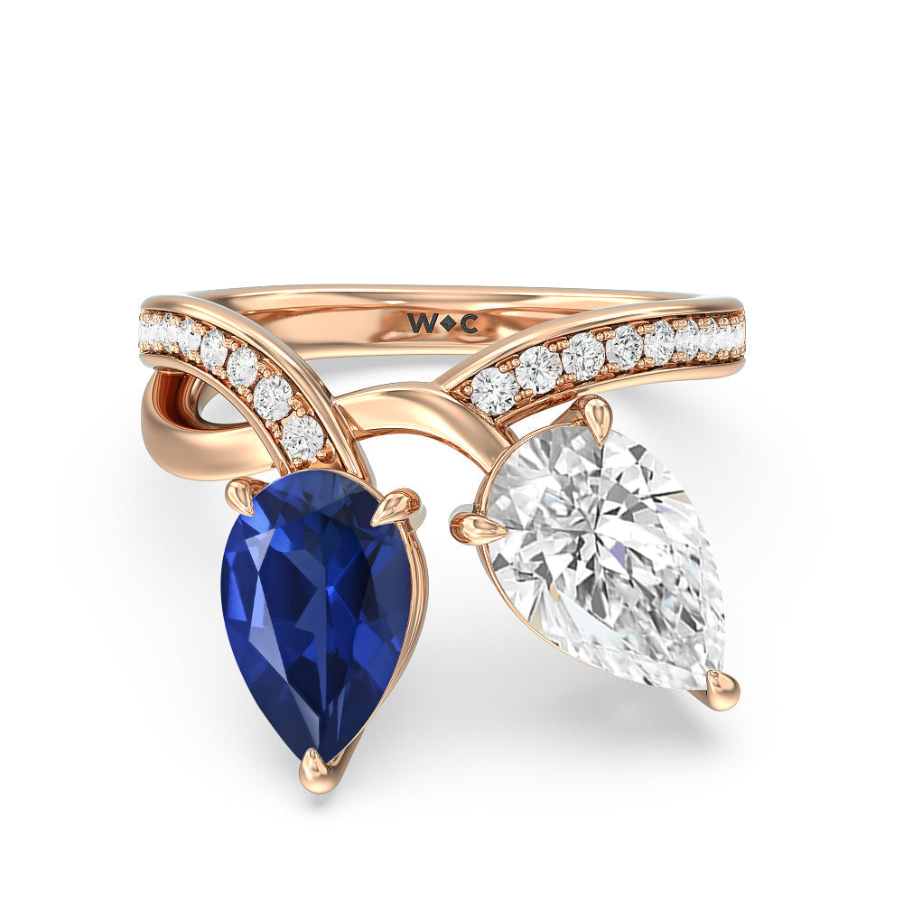 Toi et Moi Created Sapphire and Lab Diamond Studded Pave Diamond Ring with 14KT Rose Gold Cut Diamond in 14KT Rose Gold view 1
