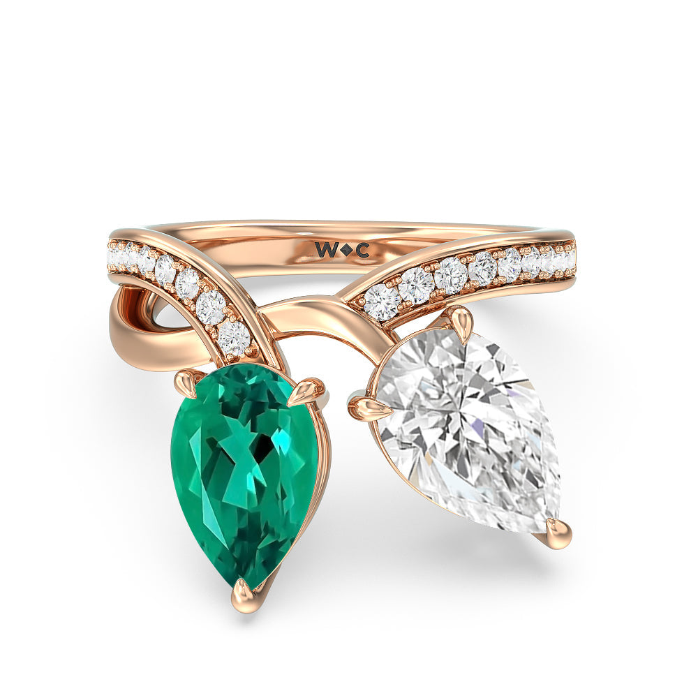 Toi et Moi Created Emerald and Lab Diamond Studded Pave Diamond Ring with 14KT Rose Gold Cut Diamond in 14KT Rose Gold view 1
