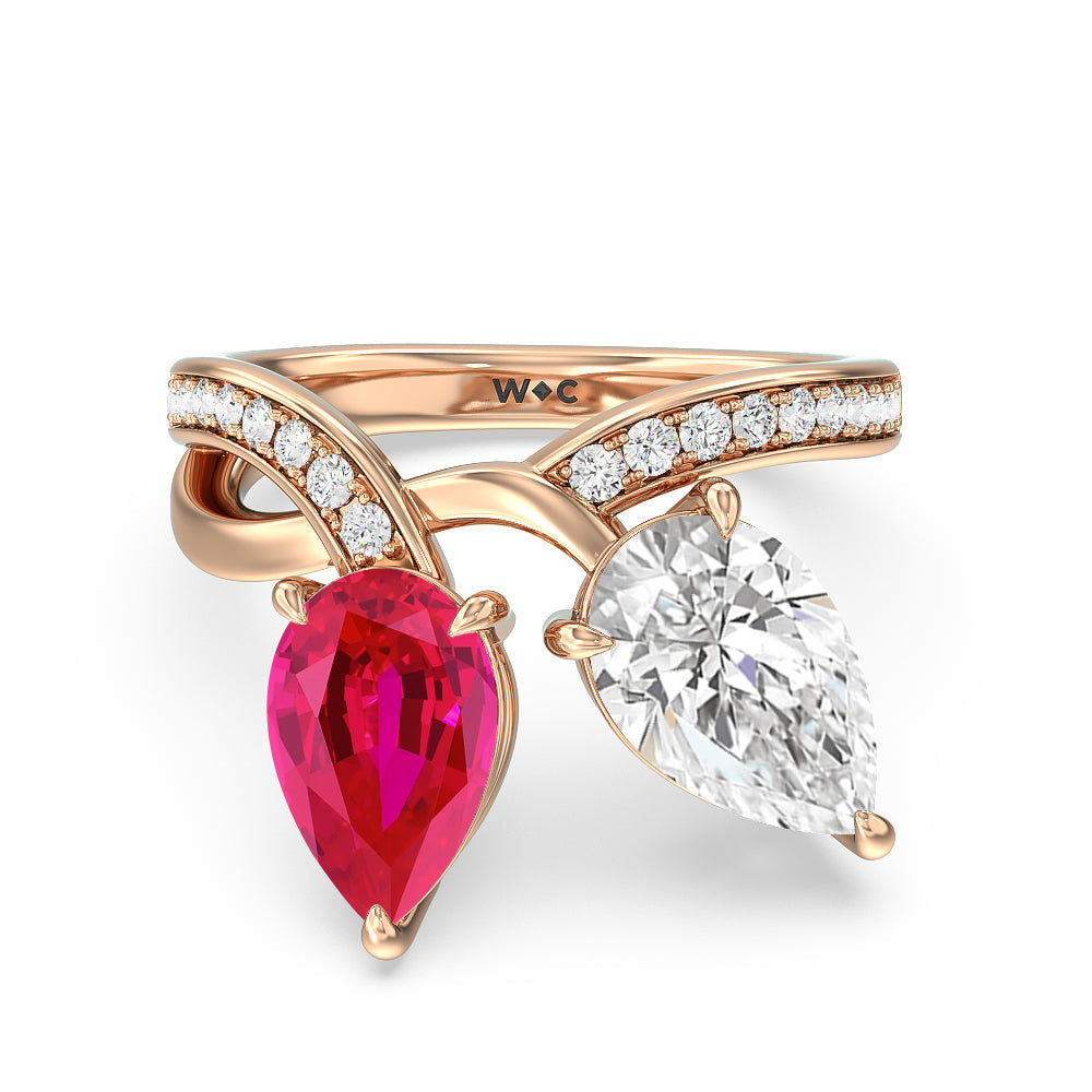 Toi et Moi Created Ruby and Lab Diamond Studded Pave Diamond Ring with 14KT Rose Gold Cut Diamond in 14KT Rose Gold view 1
