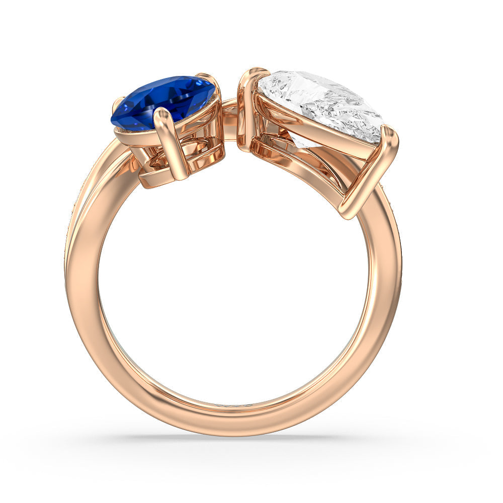 Toi et Moi Created Sapphire and Lab Diamond Studded Pave Diamond Ring with 14KT Rose Gold Cut Diamond in 14KT Rose Gold view 3

