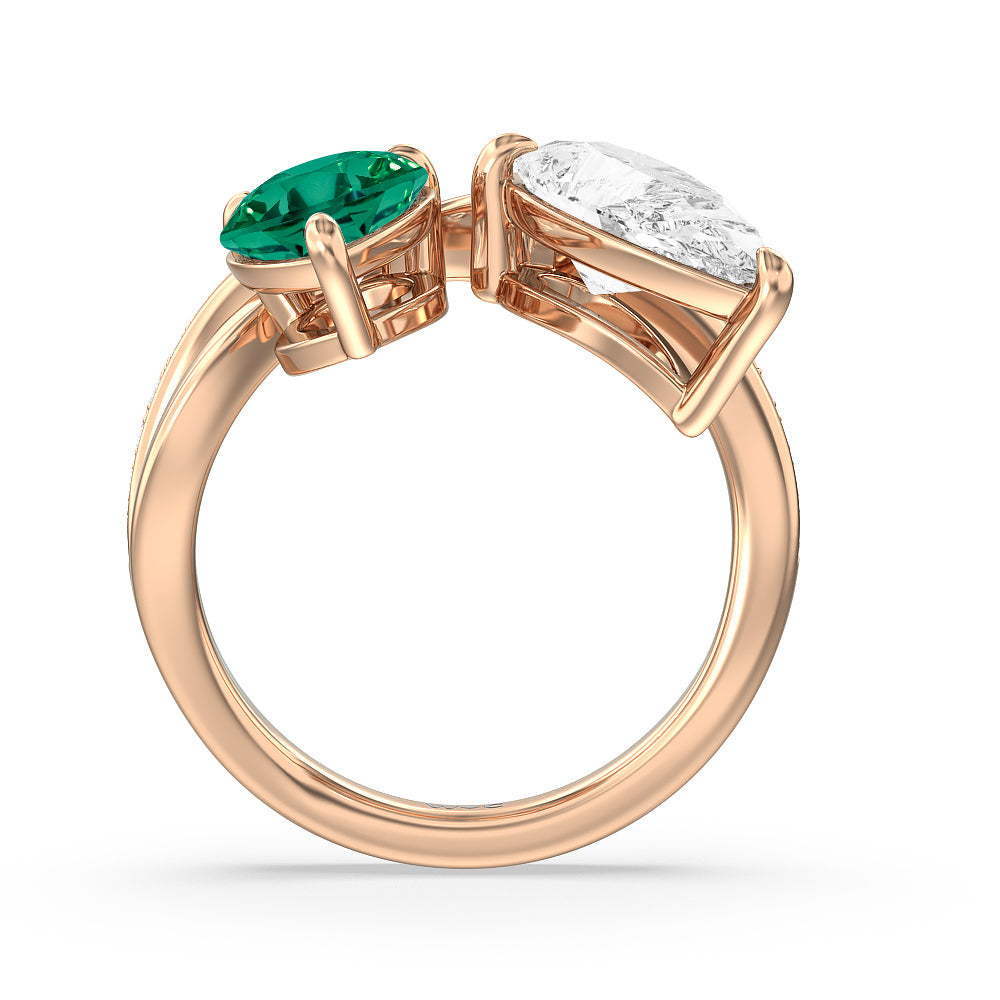 Toi et Moi Created Emerald and Lab Diamond Studded Pave Diamond Ring with 14KT Rose Gold Cut Diamond in 14KT Rose Gold view 3
