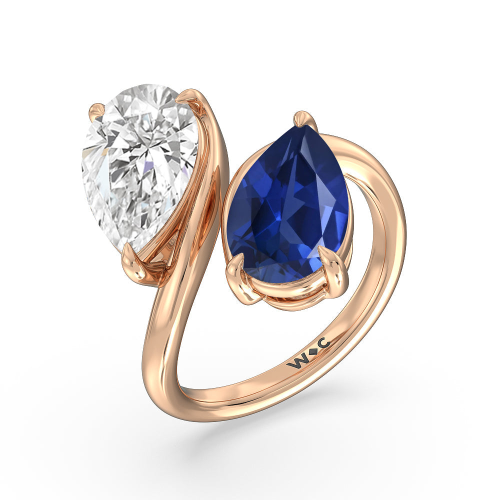 Toi et Moi Created Sapphire and Lab Diamond Bypass Engagement Ring with 14KT Rose Gold Cut Diamond in 14KT Rose Gold view 2
