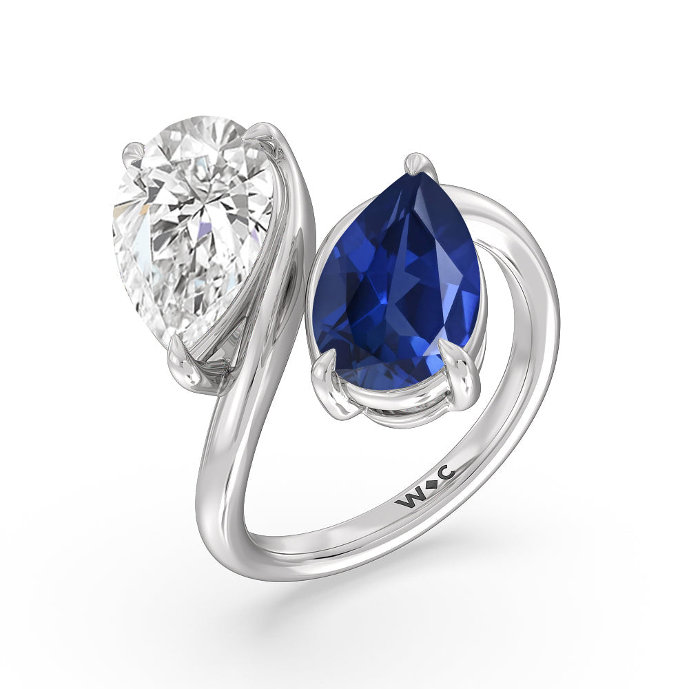 Toi et Moi Created Sapphire and Lab Diamond Bypass Engagement Ring with 14KT White Gold Cut Diamond in 14KT White Gold view 2
