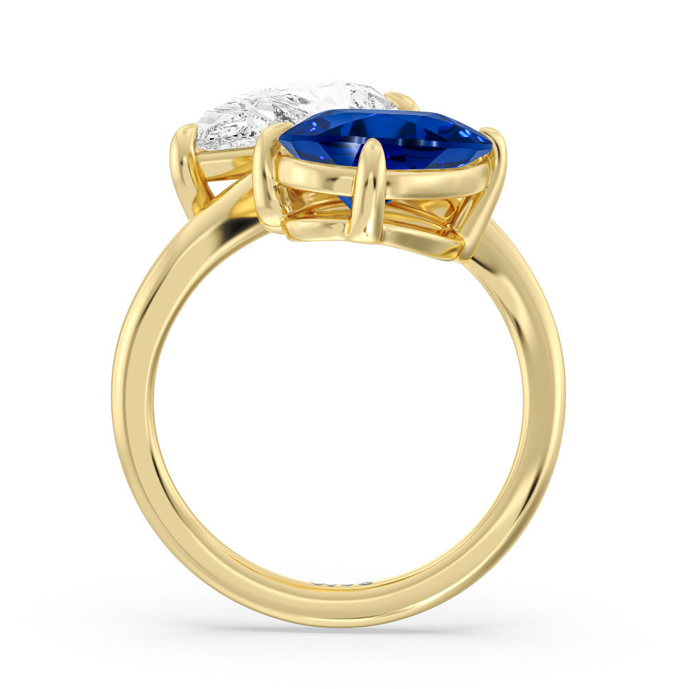 Toi et Moi Created Sapphire and Lab Diamond Bypass Engagement Ring with 14KT Yellow Gold Cut Diamond in 14KT Yellow Gold view 3
