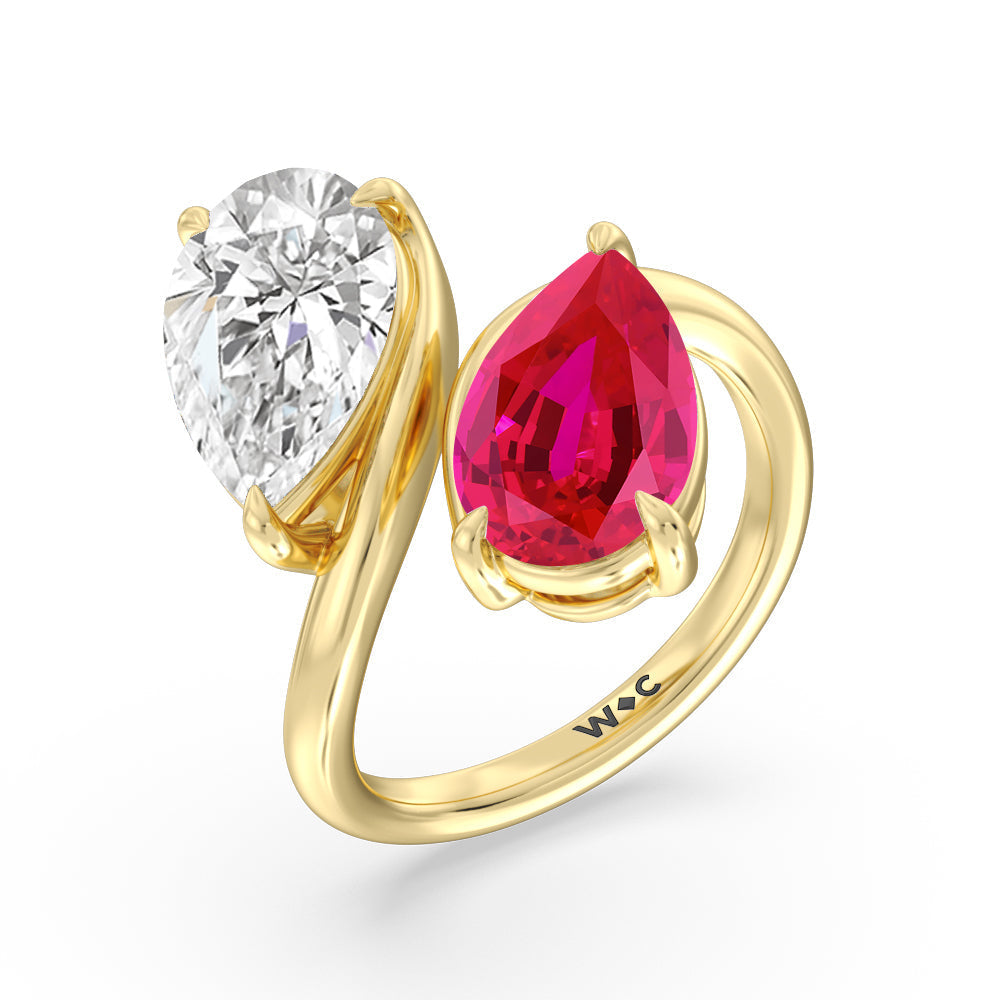 Toi et Moi Created Ruby and Lab Diamond Bypass Engagement Ring with 14KT Yellow Gold Cut Diamond in 14KT Yellow Gold view 2
