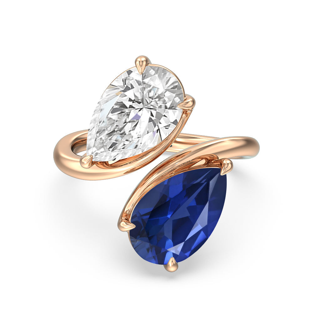 Toi et Moi Created Sapphire and Lab Diamond Bypass Engagement Ring with 14KT Rose Gold Cut Diamond in 14KT Rose Gold view 1
