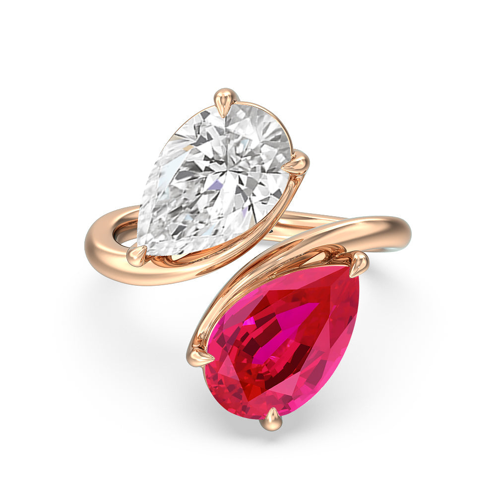 Toi et Moi Created Ruby and Lab Diamond Bypass Engagement Ring