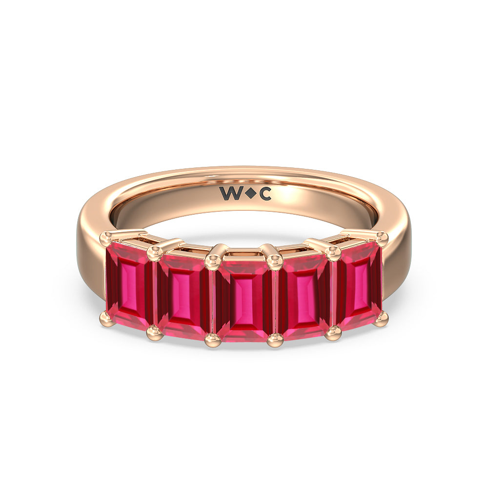 Five Stone Created Ruby Emerald Cut Anniversary Ring with 14KT Rose Gold Cut Diamond in 14KT Rose Gold view 1
