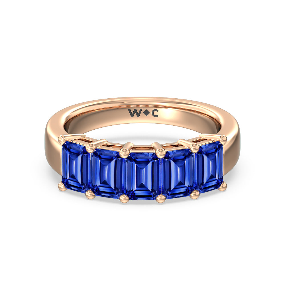 Five Stone Created Sapphire Emerald Cut Anniversary Ring with 14KT Rose Gold Cut Diamond in 14KT Rose Gold view 1
