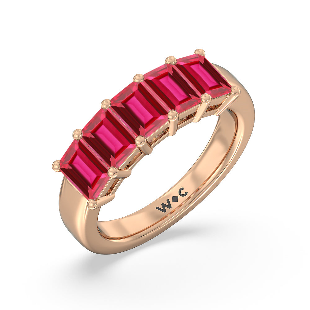 Five Stone Created Ruby Emerald Cut Anniversary Ring with 14KT Rose Gold Cut Diamond in 14KT Rose Gold view 2
