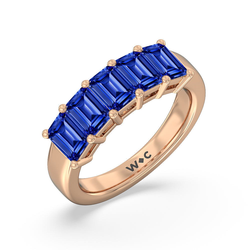 Five Stone Created Sapphire Emerald Cut Anniversary Ring with 14KT Rose Gold Cut Diamond in 14KT Rose Gold view 2
