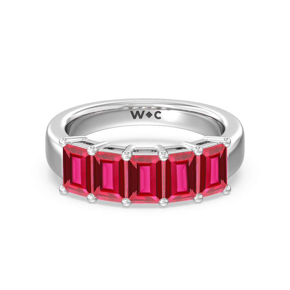 Five Stone Created Ruby Emerald Cut Anniversary Ring with 14KT White Gold Cut Diamond in 14KT White Gold view 1
