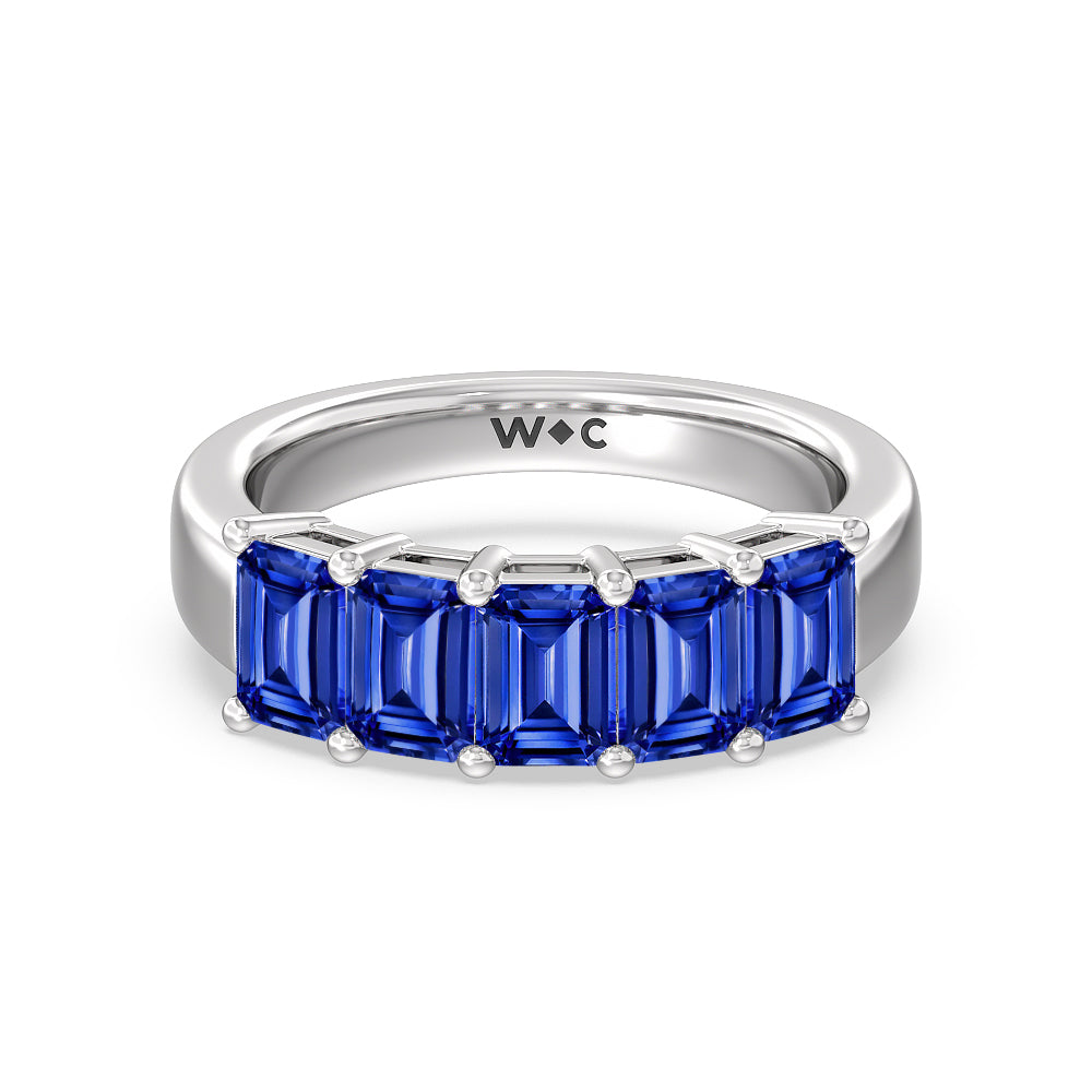 Five Stone Created Sapphire Emerald Cut Anniversary Ring with 14KT White Gold Cut Diamond in 14KT White Gold view 1
