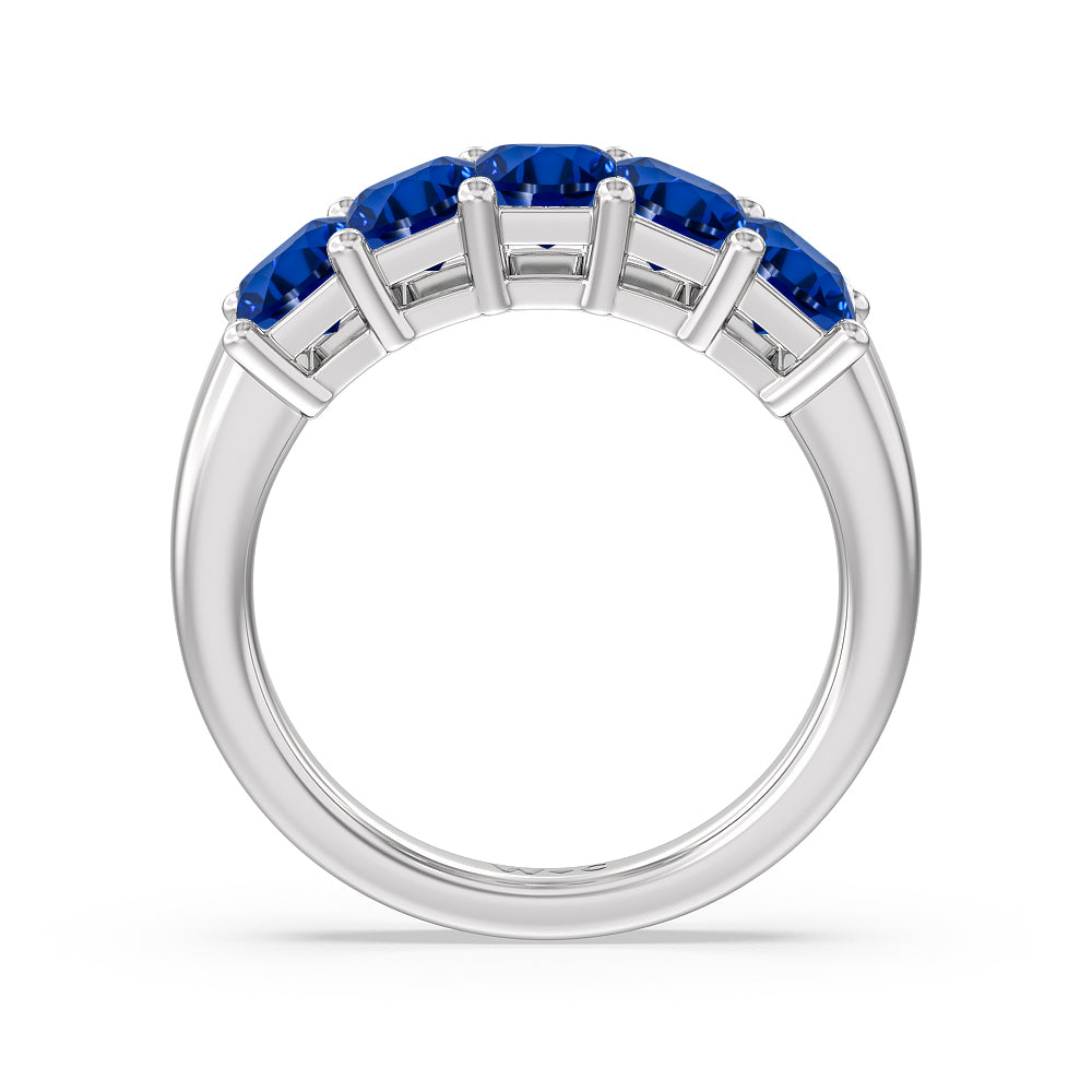 Five Stone Created Sapphire Emerald Cut Anniversary Ring with 14KT White Gold Cut Diamond in 14KT White Gold view 3
