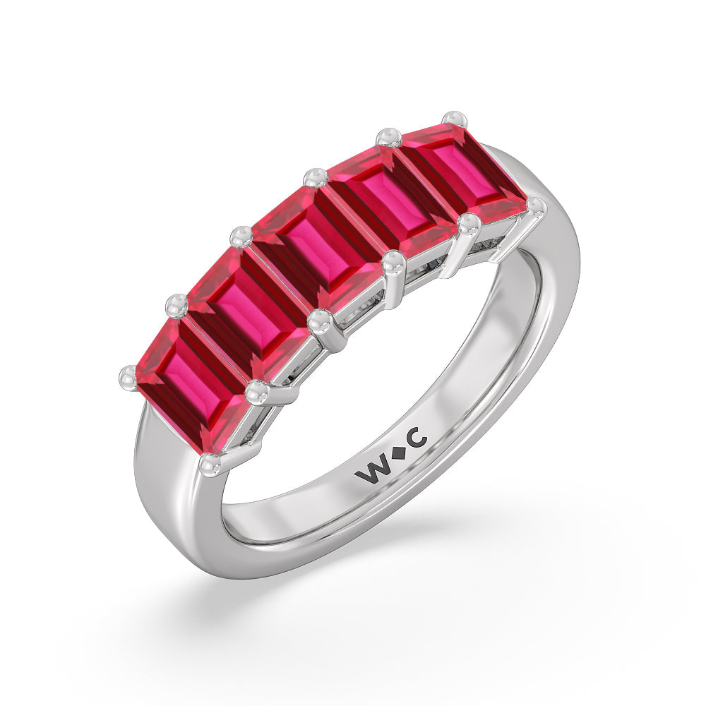 Five Stone Created Ruby Emerald Cut Anniversary Ring with 14KT White Gold Cut Diamond in 14KT White Gold view 2
