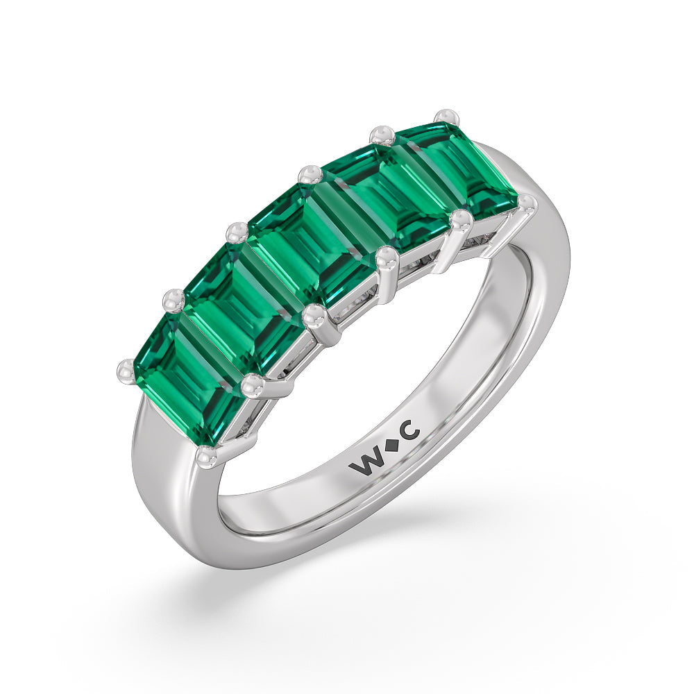 Five Stone Created Emerald Anniversary Ring with 14KT White Gold Cut Diamond in 14KT White Gold view 2
