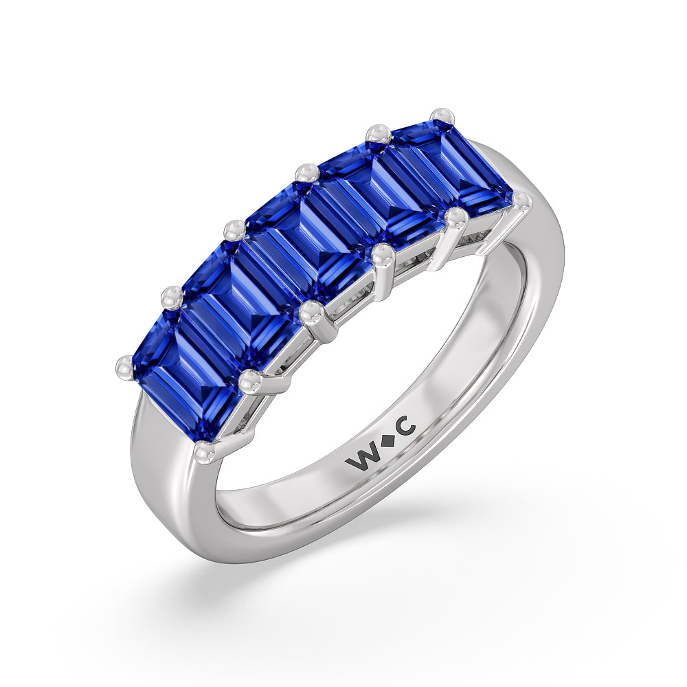 Five Stone Created Sapphire Emerald Cut Anniversary Ring with 14KT White Gold Cut Diamond in 14KT White Gold view 2
