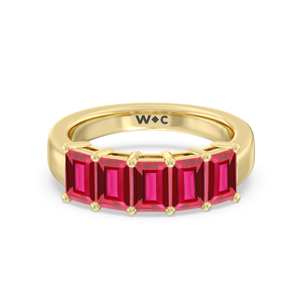 Five Stone Created Ruby Emerald Cut Anniversary Ring with 14KT Yellow Gold Cut Diamond in 14KT Yellow Gold view 1
