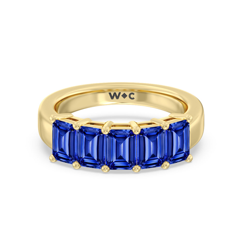 Five Stone Created Sapphire Emerald Cut Anniversary Ring with 14KT Yellow Gold Cut Diamond in 14KT Yellow Gold view 1
